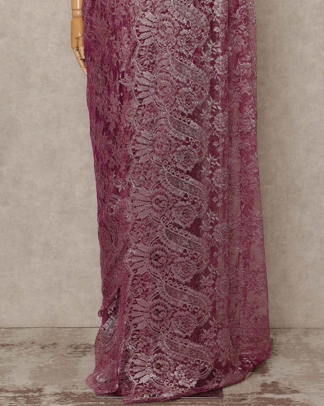 Deep Magenta Premium French Metallic Chantilly Saree Lace Fabric 5.5 Mtrs Length 110 Cms Width Floral Designer Net Drape Material Made In France, Blouse Not Included-D28094