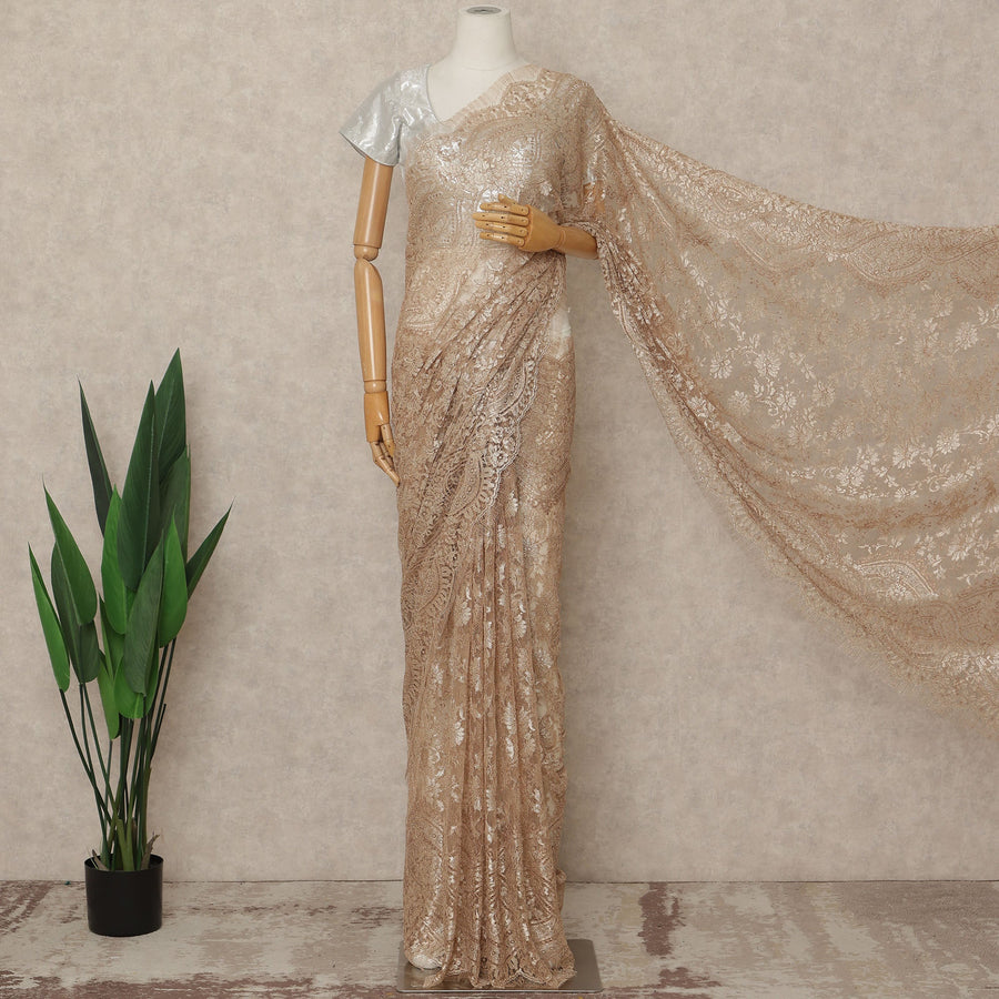 Light Gold Premium French Metallic Chantilly Saree Lace Fabric 5.5 Mtrs Length 110 Cms Width Floral Designer Net Drape Material Made In France, Blouse Not Included-D28098 Regal Fabrics