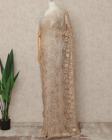 Light Gold Premium French Metallic Chantilly Saree Lace Fabric 5.5 Mtrs Length 110 Cms Width Floral Designer Net Drape Material Made In France, Blouse Not Included-D28098 Regal Fabrics