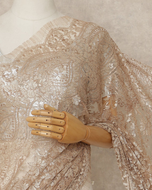 Light Gold Premium French Metallic Chantilly Saree Lace Fabric 5.5 Mtrs Length 110 Cms Width Floral Designer Net Drape Material Made In France, Blouse Not Included-D28098