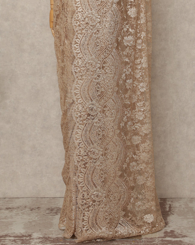 Light Gold Premium French Metallic Chantilly Saree Lace Fabric 5.5 Mtrs Length 110 Cms Width Floral Designer Net Drape Material Made In France, Blouse Not Included-D28098
