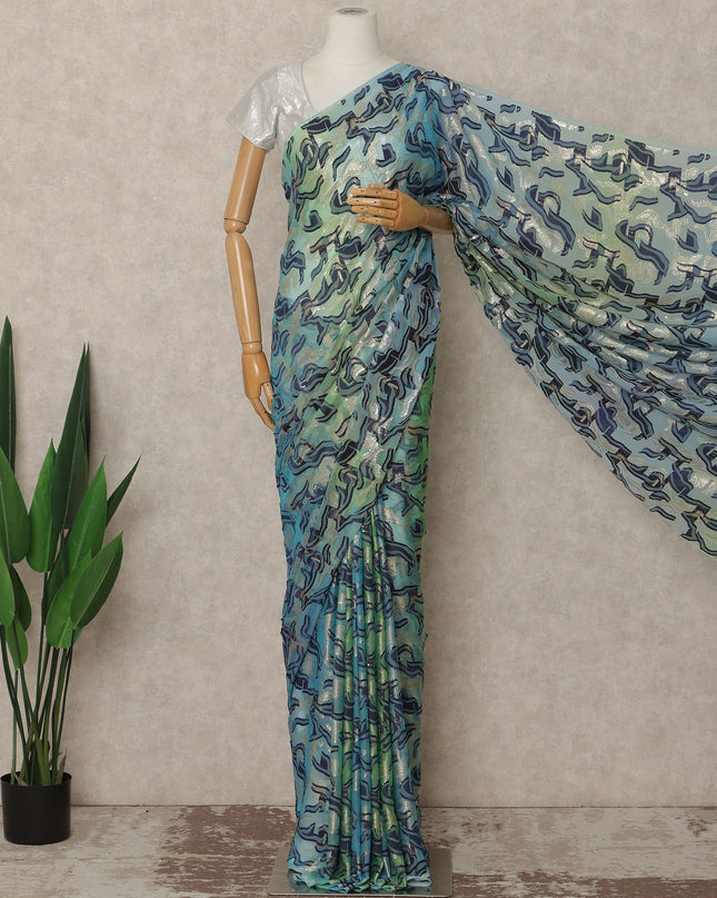 Blue Green Metallic French Chiffon Saree 5.5 Meters Length 110 Cms Width Lightweight Printed Elegant Party Wear Soft Flowy Fabric Premium Quality Without Blouse Piece-D28709 Regal Fabrics
