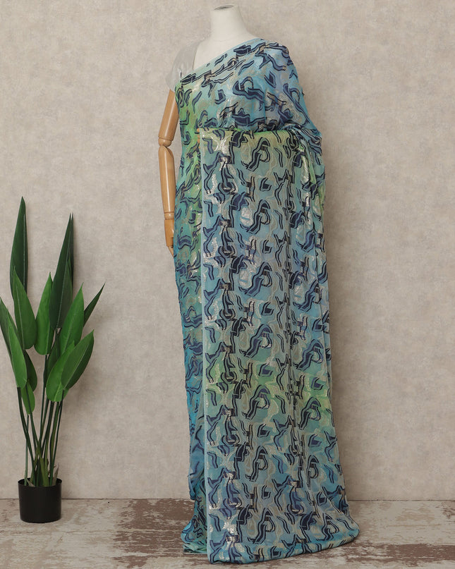 Blue Green Metallic French Chiffon Saree 5.5 Meters Length 110 Cms Width Lightweight Printed Elegant Party Wear Soft Flowy Fabric Premium Quality Without Blouse Piece-D28709 Regal Fabrics