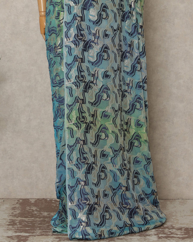 Blue Green Metallic French Chiffon Saree 5.5 Meters Length 110 Cms Width Lightweight Printed Elegant Party Wear Soft Flowy Fabric Premium Quality Without Blouse Piece-D28709 Regal Fabrics