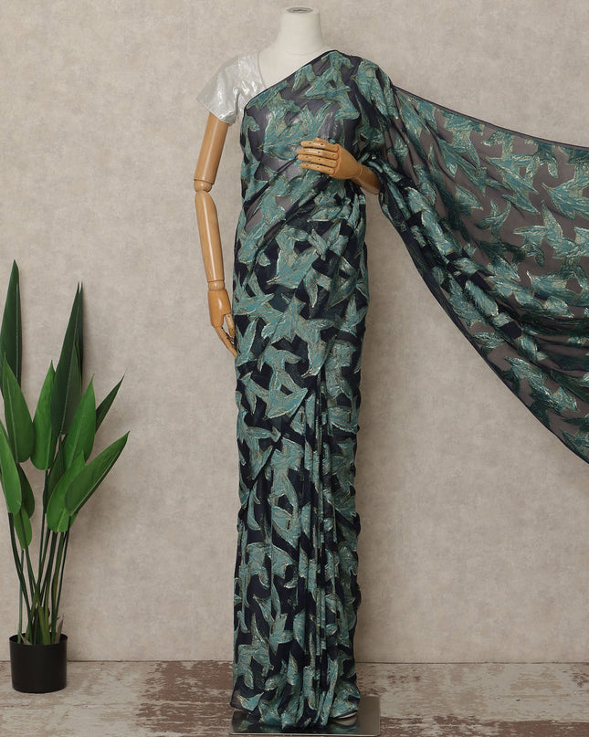 Navy Blue Teal Metallic French Chiffon Saree 5.5 Meters Length 110 Cms Width Lightweight Printed Elegant Party Wear Soft Flowy Fabric Premium Quality Without Blouse Piece-D28712 Regal Fabrics