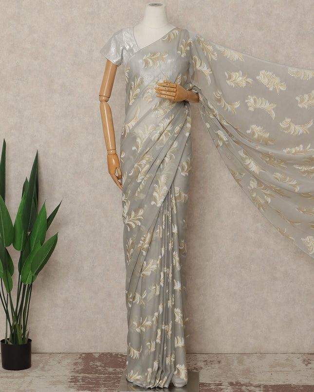 Light Grey Gold Metallic French Chiffon Saree 5.5 Meters Length 110 Cms Width Lightweight Printed Elegant Party Wear Soft Flowy Fabric Premium Quality Without Blouse Piece-D28715 Regal Fabrics