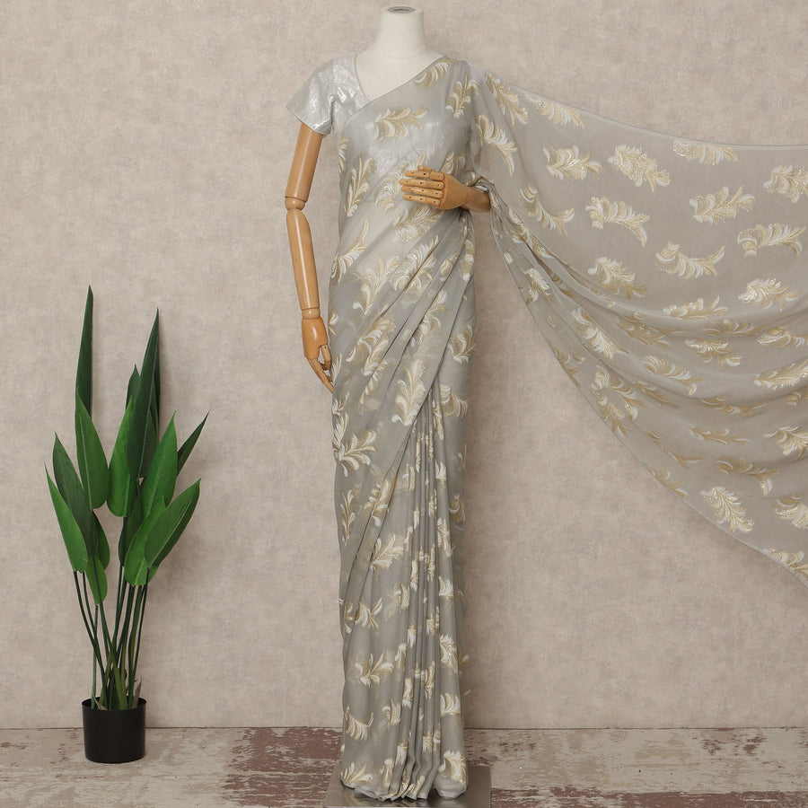 Light Grey Gold Metallic French Chiffon Saree 5.5 Meters Length 110 Cms Width Lightweight Printed Elegant Party Wear Soft Flowy Fabric Premium Quality Without Blouse Piece-D28715 Regal Fabrics