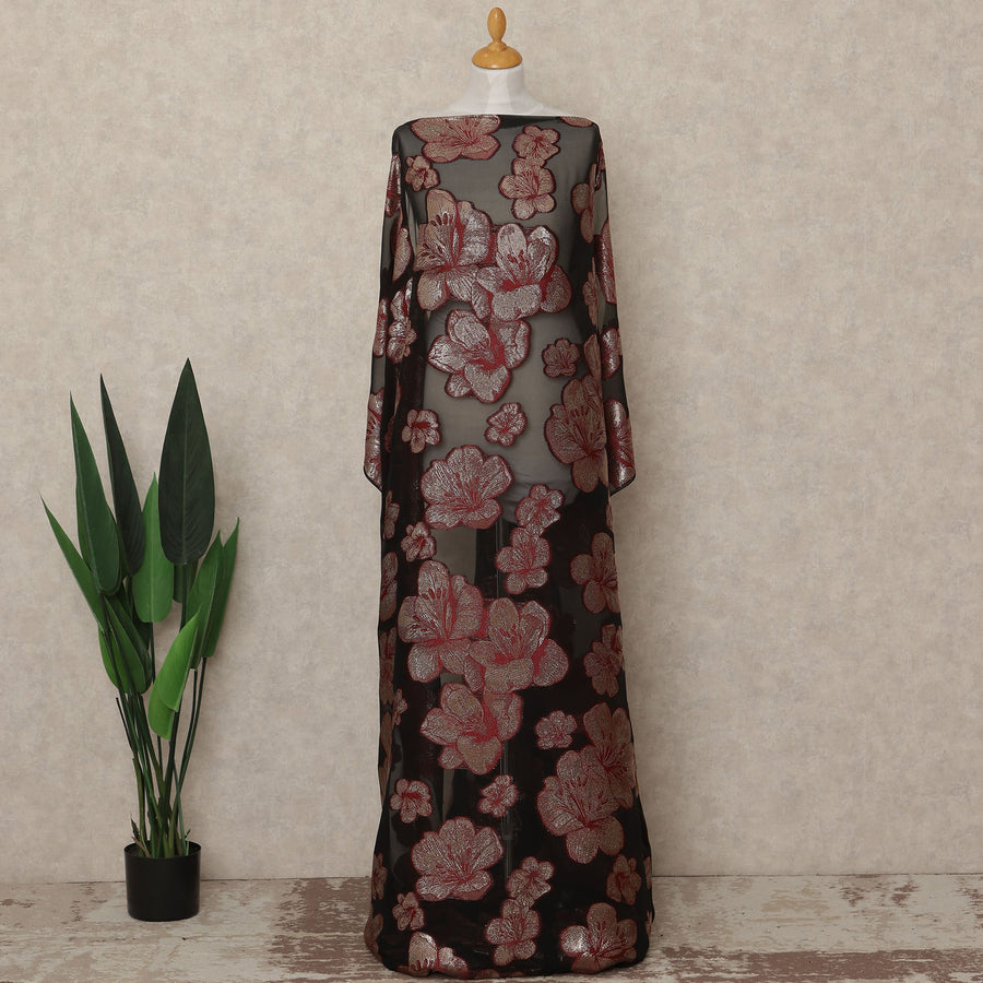 Black Red Floral Fransawi Silk Chiffon Dirac Lurex