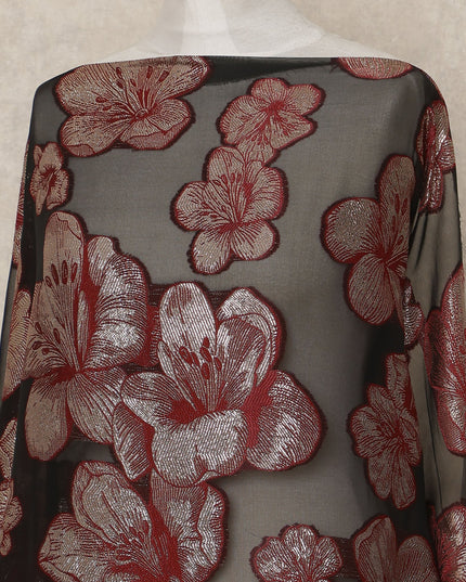 Black Red Floral Fransawi Silk Chiffon Dirac Lurex