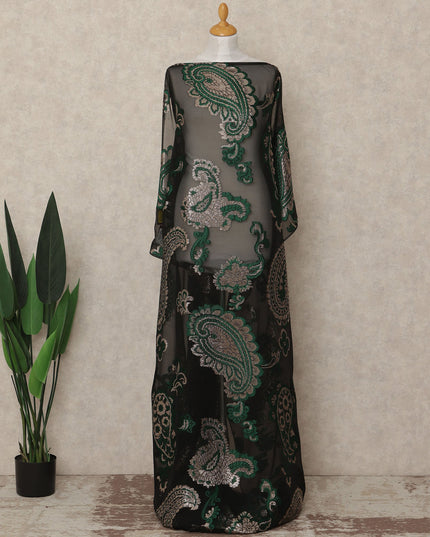 Black Green Paisley Fransawi Silk Chiffon Dirac Lurex