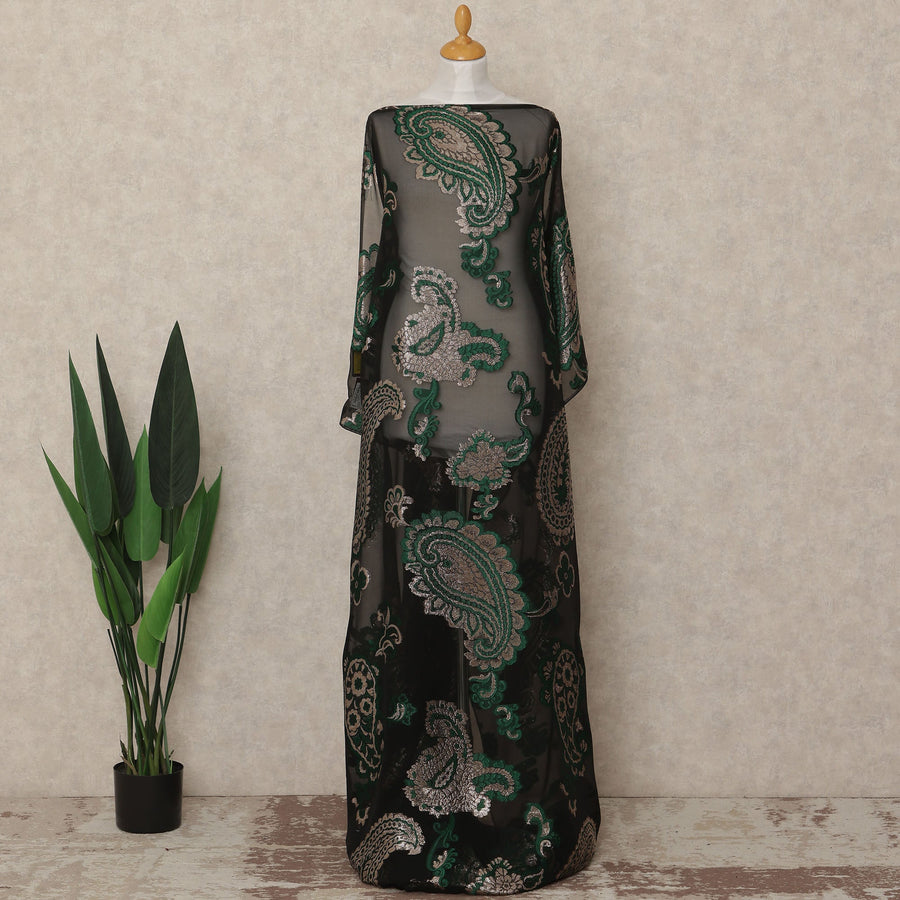 Black Green Paisley Fransawi Silk Chiffon Dirac Lurex