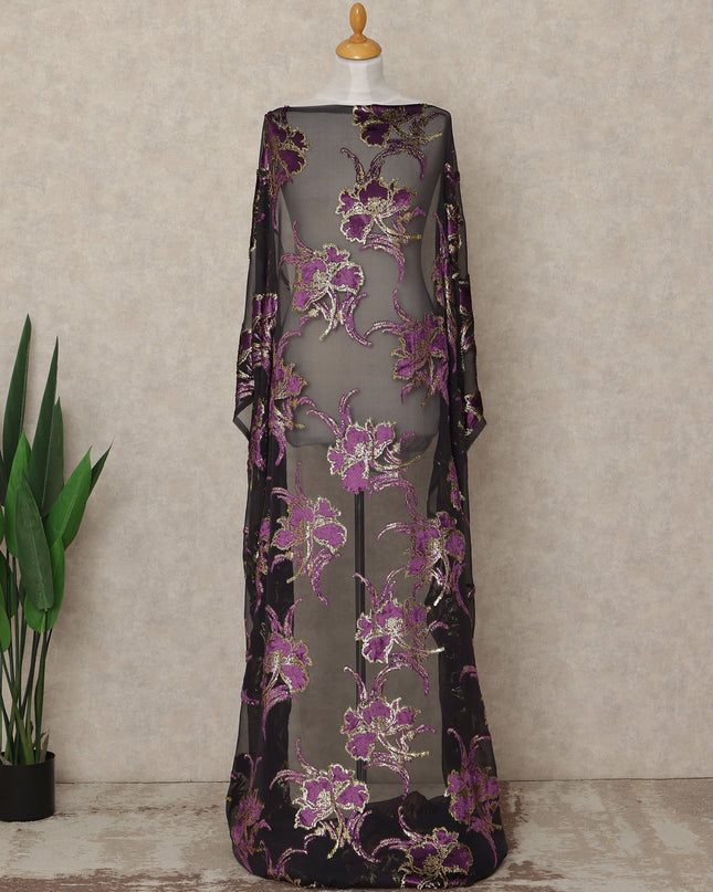 Black Purple Floral Metallic Lurex Silk Velvet Chiffon Makmal Dirac Fabric Traditional Somali Embroidered Design 3.5 Mtrs Piece 140 Cms Width Elegant Fabric Made In South Korea-D28419