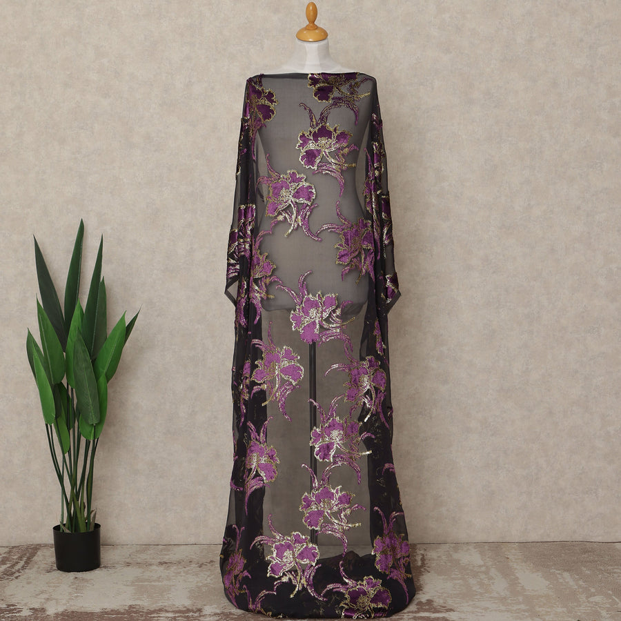 Black Purple Floral Metallic Lurex Silk Velvet Chiffon Makmal Dirac Fabric Traditional Somali Embroidered Design 3.5 Mtrs Piece 140 Cms Width Elegant Fabric Made In South Korea-D28419