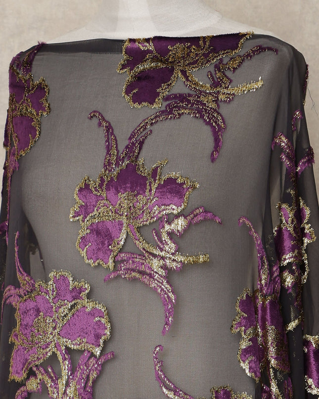 Black Purple Floral Metallic Lurex Silk Velvet Chiffon Makmal Dirac Fabric Traditional Somali Embroidered Design 3.5 Mtrs Piece 140 Cms Width Elegant Fabric Made In South Korea-D28419