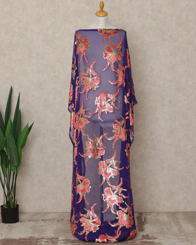 Purple Floral Metallic Lurex Silk Velvet Chiffon Makmal Dirac Fabric Traditional Somali Embroidered Design 3.5 Mtrs Piece 140 Cms Width Elegant Cultural Fabric Made In South Korea-D28416