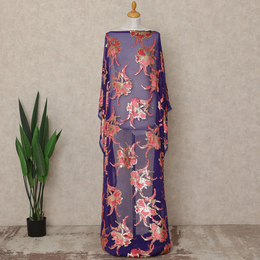 Purple Floral Metallic Lurex Silk Velvet Chiffon Makmal Dirac Fabric Traditional Somali Embroidered Design 3.5 Mtrs Piece 140 Cms Width Elegant Cultural Fabric Made In South Korea-D28416