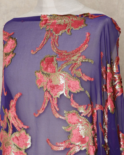 Purple Floral Metallic Lurex Silk Velvet Chiffon Makmal Dirac Fabric Traditional Somali Embroidered Design 3.5 Mtrs Piece 140 Cms Width Elegant Cultural Fabric Made In South Korea-D28416