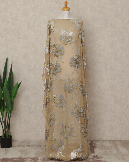 Beige Gold Floral Metallic Lurex Silk Velvet Chiffon Makmal Dirac Fabric Traditional Somali Embroidered Design 3.5 Mtrs Piece 140 Cms Width Elegant Occasion Fabric Made In South Korea-D28420