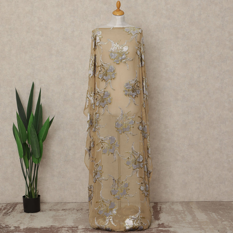 Beige Gold Floral Metallic Lurex Silk Velvet Chiffon Makmal Dirac Fabric Traditional Somali Embroidered Design 3.5 Mtrs Piece 140 Cms Width Elegant Occasion Fabric Made In South Korea-D28420