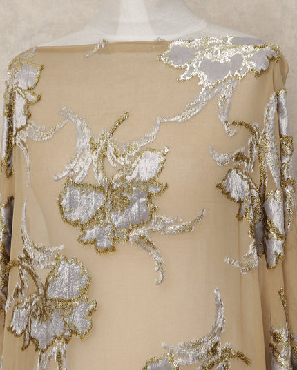 Beige Gold Floral Metallic Lurex Silk Velvet Chiffon Makmal Dirac Fabric Traditional Somali Embroidered Design 3.5 Mtrs Piece 140 Cms Width Elegant Occasion Fabric Made In South Korea-D28420