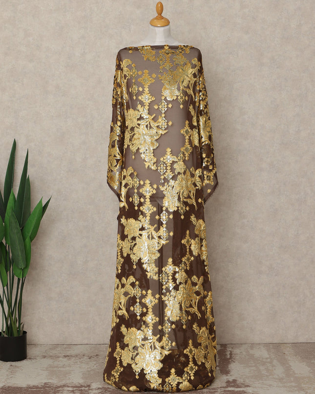 Brown Gold Floral Metallic Lurex Silk Velvet Chiffon Makmal Dirac Fabric Traditional Somali Embroidered Design 3.5 Mtrs Piece 140 Cms Width Elegant Occasion Fabric Made In South Korea-D28417
