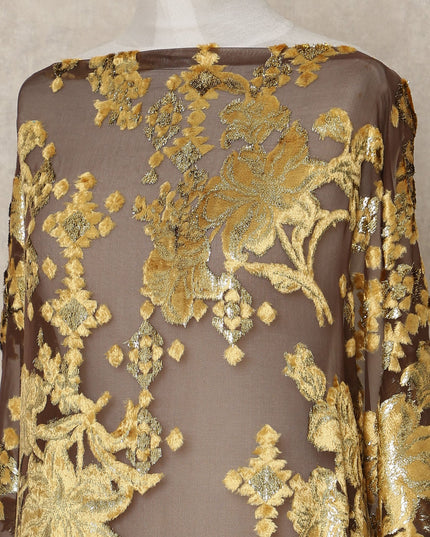 Brown Gold Floral Metallic Lurex Silk Velvet Chiffon Makmal Dirac Fabric Traditional Somali Embroidered Design 3.5 Mtrs Piece 140 Cms Width Elegant Occasion Fabric Made In South Korea-D28417