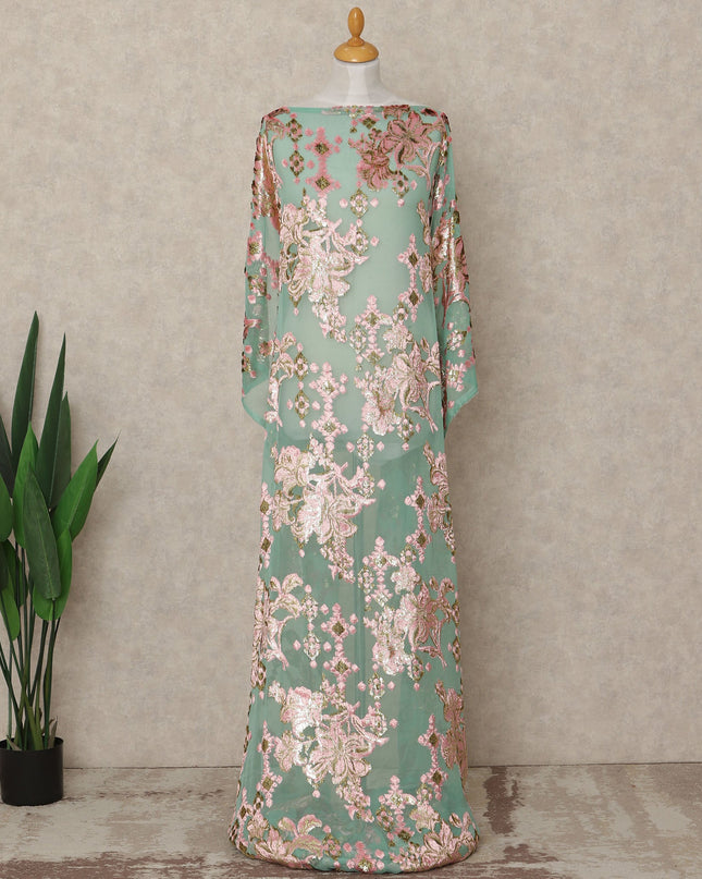 Mint Green Floral Metallic Lurex Silk Velvet Chiffon Makmal Dirac Fabric Traditional Somali Embroidered Design 3.5 Mtrs Piece 140 Cms Width Made In South Korea-D28415