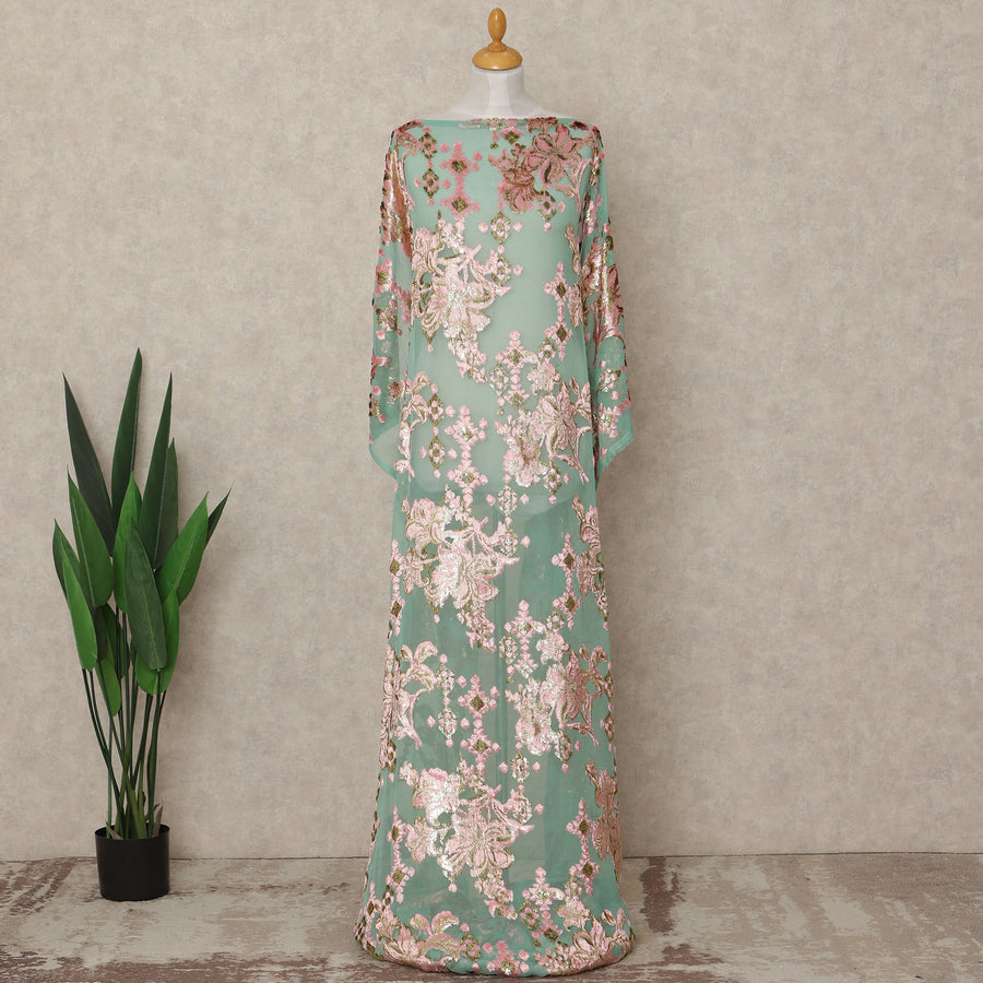 Mint Green Floral Metallic Lurex Silk Velvet Chiffon Makmal Dirac Fabric Traditional Somali Embroidered Design 3.5 Mtrs Piece 140 Cms Width Made In South Korea-D28415