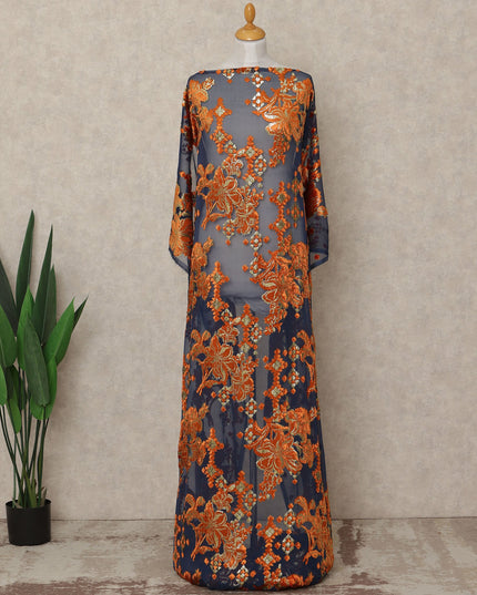 Navy Blue Floral Metallic Lurex Silk Velvet Chiffon Makmal Dirac Fabric Traditional Somali Embroidered Design 3.5 Mtrs Piece 140 Cms Width Made In South Korea-D28414