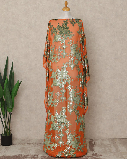 Orange Floral Metallic Lurex Silk Velvet Chiffon Makmal Dirac Fabric Traditional Somali Embroidered Design 3.5 Mtrs Piece 140 Cms Width Made In South Korea-D28413