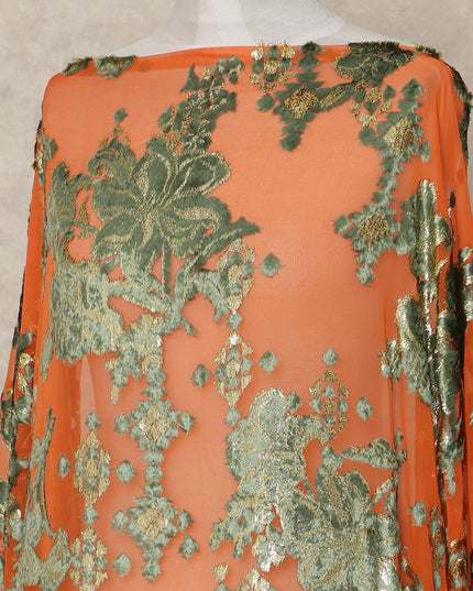 Orange Floral Metallic Lurex Silk Velvet Chiffon Makmal Dirac Fabric Traditional Somali Embroidered Design 3.5 Mtrs Piece 140 Cms Width Made In South Korea-D28413