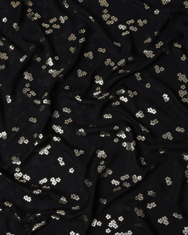 Jet Black Floral Jacquard Silk Crepe 140cm