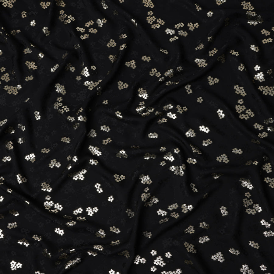 Jet Black Floral Jacquard Silk Crepe 140cm
