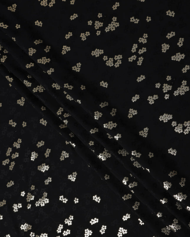 Jet Black Floral Jacquard Silk Crepe 140cm
