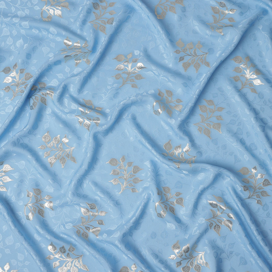Powder Sky Blue Leaf Jacquard Silk Crepe 140cm