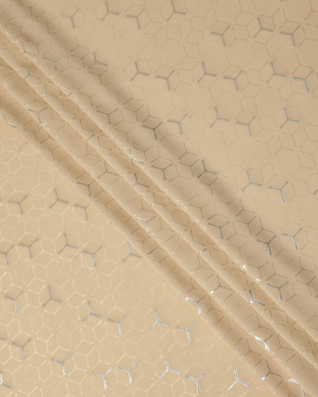 Warm Champagne Beige Geometric Jacquard Silk Crepe 140cm