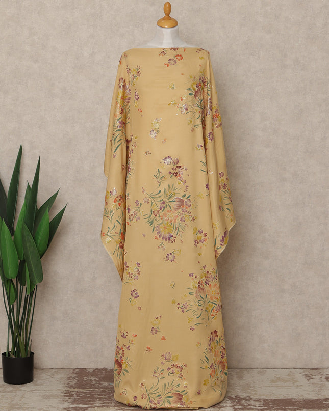Mustard Yellow Floral Premium Pure Silk Satin Fabric With Metallic Finish 3.5 Meters, 140 Cms Width, South Korea Luxury Dress Material-D27706