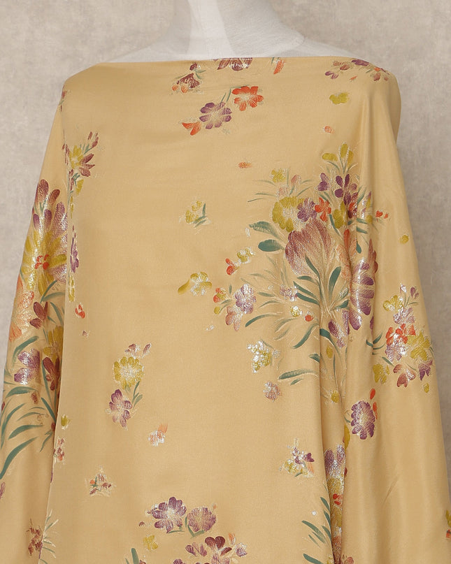 Mustard Yellow Floral Premium Pure Silk Satin Fabric With Metallic Finish 3.5 Meters, 140 Cms Width, South Korea Luxury Dress Material-D27706