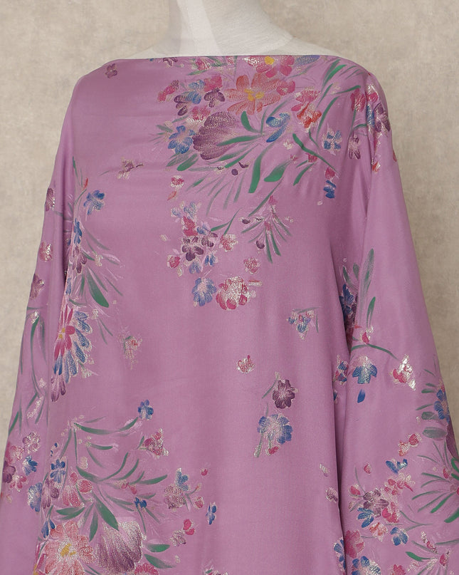 Pink Floral Premium Pure Silk Satin Fabric With Metallic Finish 3.5 Meters, 140 Cms Width, South Korea Luxury Dress Material-D27708