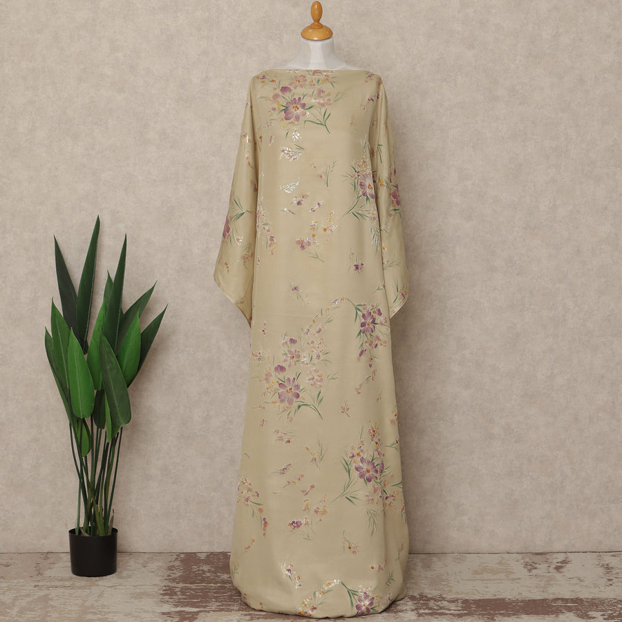 Light Beige Floral Premium Pure Silk Satin Fabric With Metallic Finish 3.5 Meters, 140 Cms Width, South Korea Luxury Dress Material-D27707