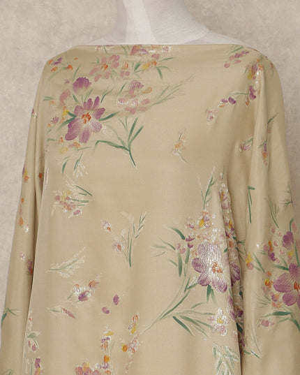 Light Beige Floral Premium Pure Silk Satin Fabric With Metallic Finish 3.5 Meters, 140 Cms Width, South Korea Luxury Dress Material-D27707