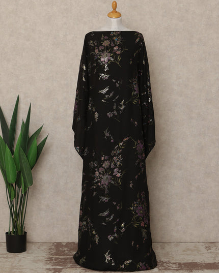 Black Floral Premium Pure Silk Satin Fabric With Metallic Finish 3.5 Meters, 140 Cms Width, South Korea Luxury Dress Material-D27709