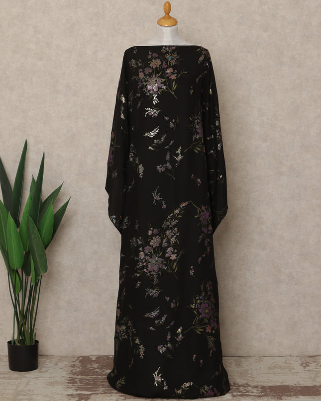 Black Floral Premium Pure Silk Satin Fabric With Metallic Finish 3.5 Meters, 140 Cms Width, South Korea Luxury Dress Material-D27709