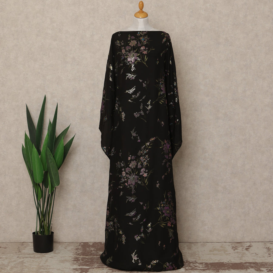 Black Floral Premium Pure Silk Satin Fabric With Metallic Finish 3.5 Meters, 140 Cms Width, South Korea Luxury Dress Material-D27709