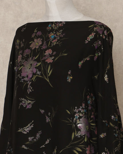 Black Floral Premium Pure Silk Satin Fabric With Metallic Finish 3.5 Meters, 140 Cms Width, South Korea Luxury Dress Material-D27709