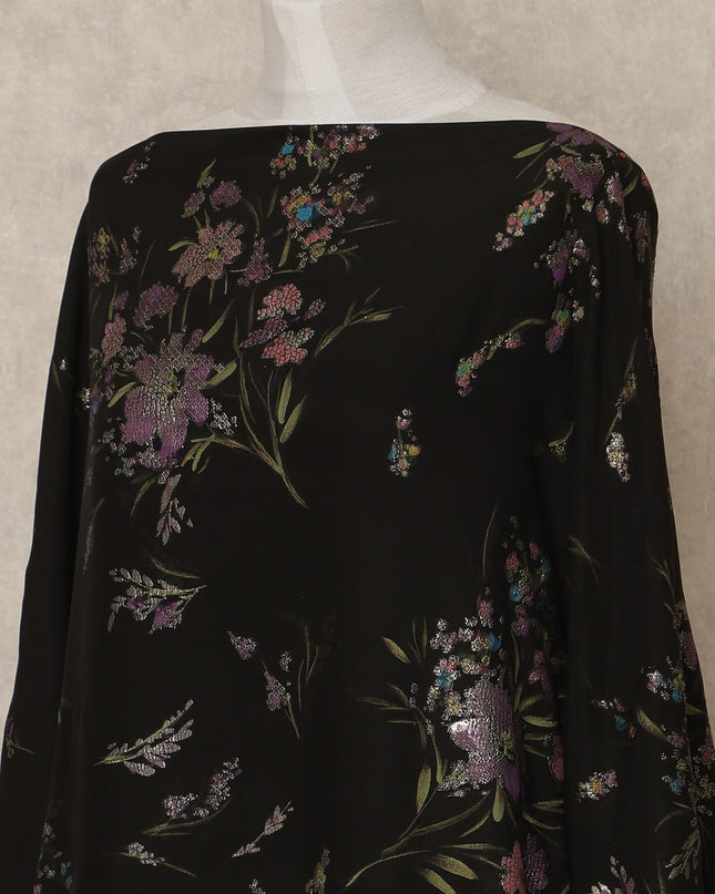 Black Floral Premium Pure Silk Satin Fabric With Metallic Finish 3.5 Meters, 140 Cms Width, South Korea Luxury Dress Material-D27709