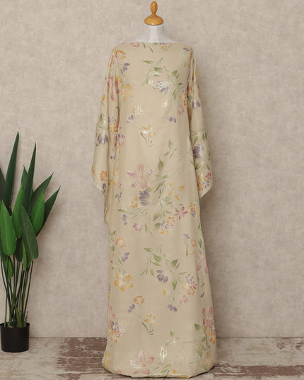Beige Floral Premium Pure Silk Satin Fabric with metallic, 3.5 Meters, 140 Cms Width, South Korea Made Soft Glossy Dressmaking Material-D27704