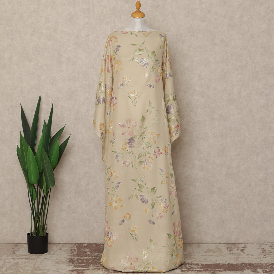 Beige Floral Premium Pure Silk Satin Fabric with metallic, 3.5 Meters, 140 Cms Width, South Korea Made Soft Glossy Dressmaking Material-D27704