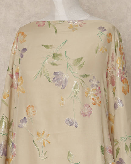 Beige Floral Premium Pure Silk Satin Fabric with metallic, 3.5 Meters, 140 Cms Width, South Korea Made Soft Glossy Dressmaking Material-D27704