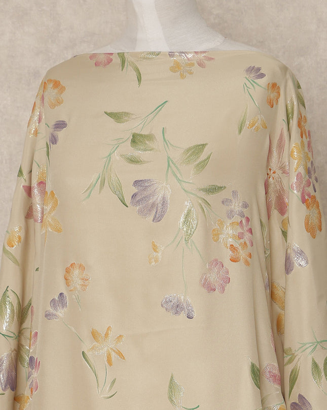 Beige Floral Premium Pure Silk Satin Fabric with metallic, 3.5 Meters, 140 Cms Width, South Korea Made Soft Glossy Dressmaking Material-D27704